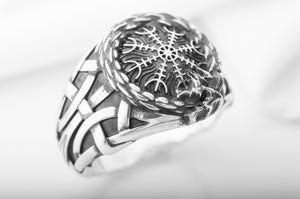 925 Silver Viking ring with Helm of Awe and Rough textured ornament, unique handmade jewelry - vikingworkshop