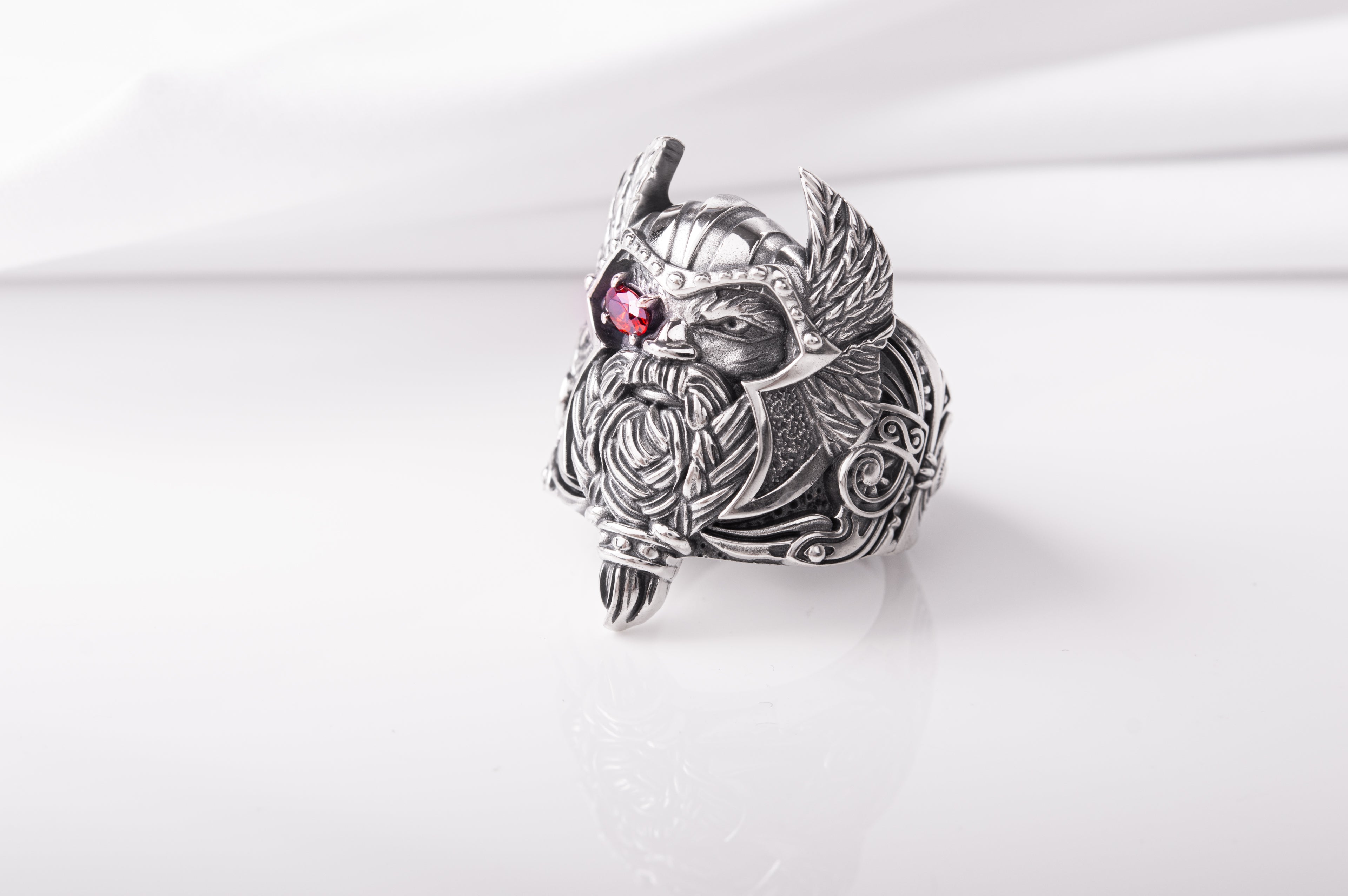 Massive 925 Silver Odin The Allfather ring with gem and detailed ornament, Unique handcrafted Jewelry - vikingworkshop