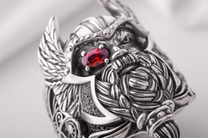 Massive 925 Silver Odin The Allfather ring with gem and detailed ornament, Unique handcrafted Jewelry - vikingworkshop