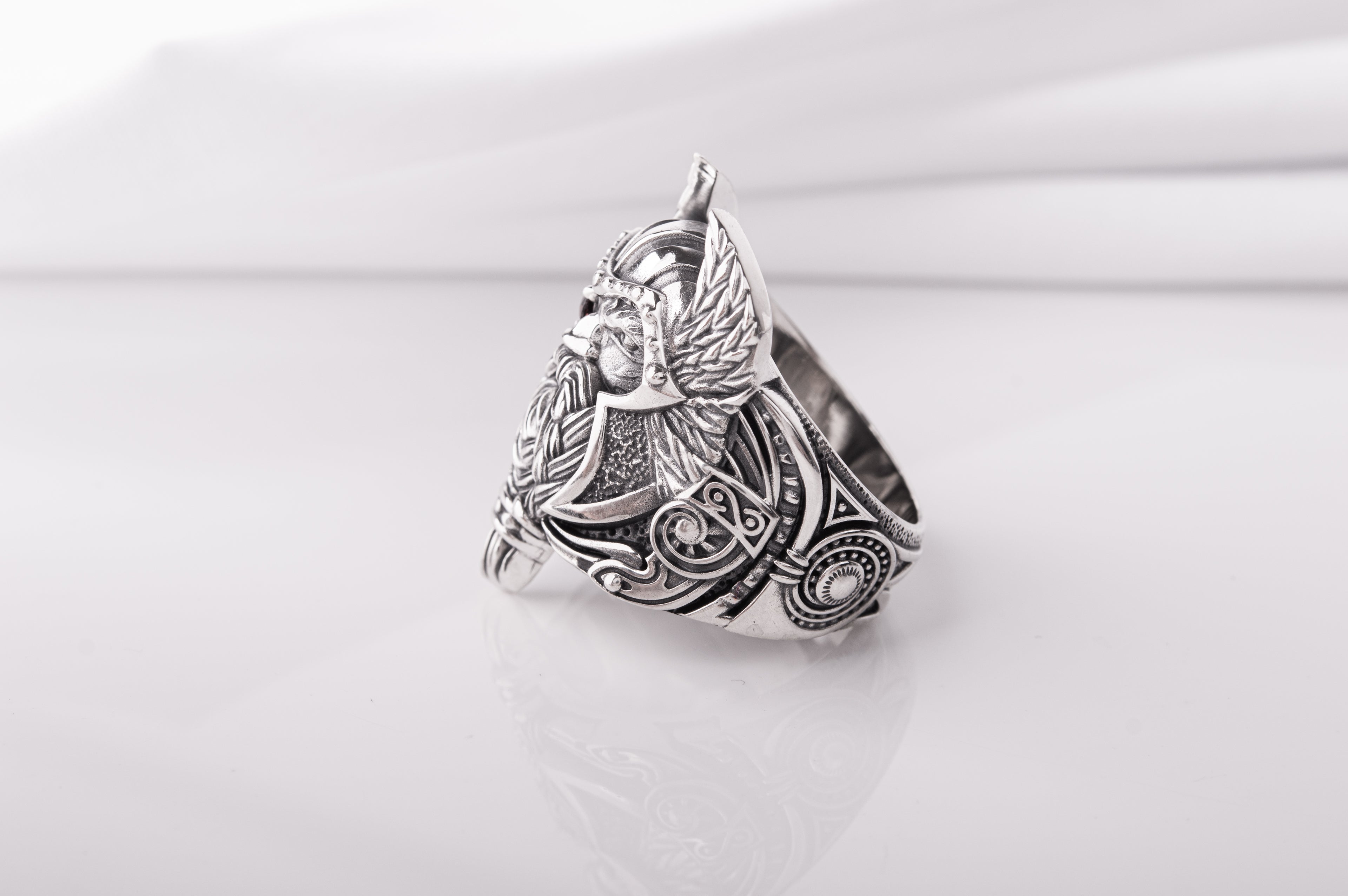 Massive 925 Silver Odin The Allfather ring with gem and detailed ornament, Unique handcrafted Jewelry - vikingworkshop