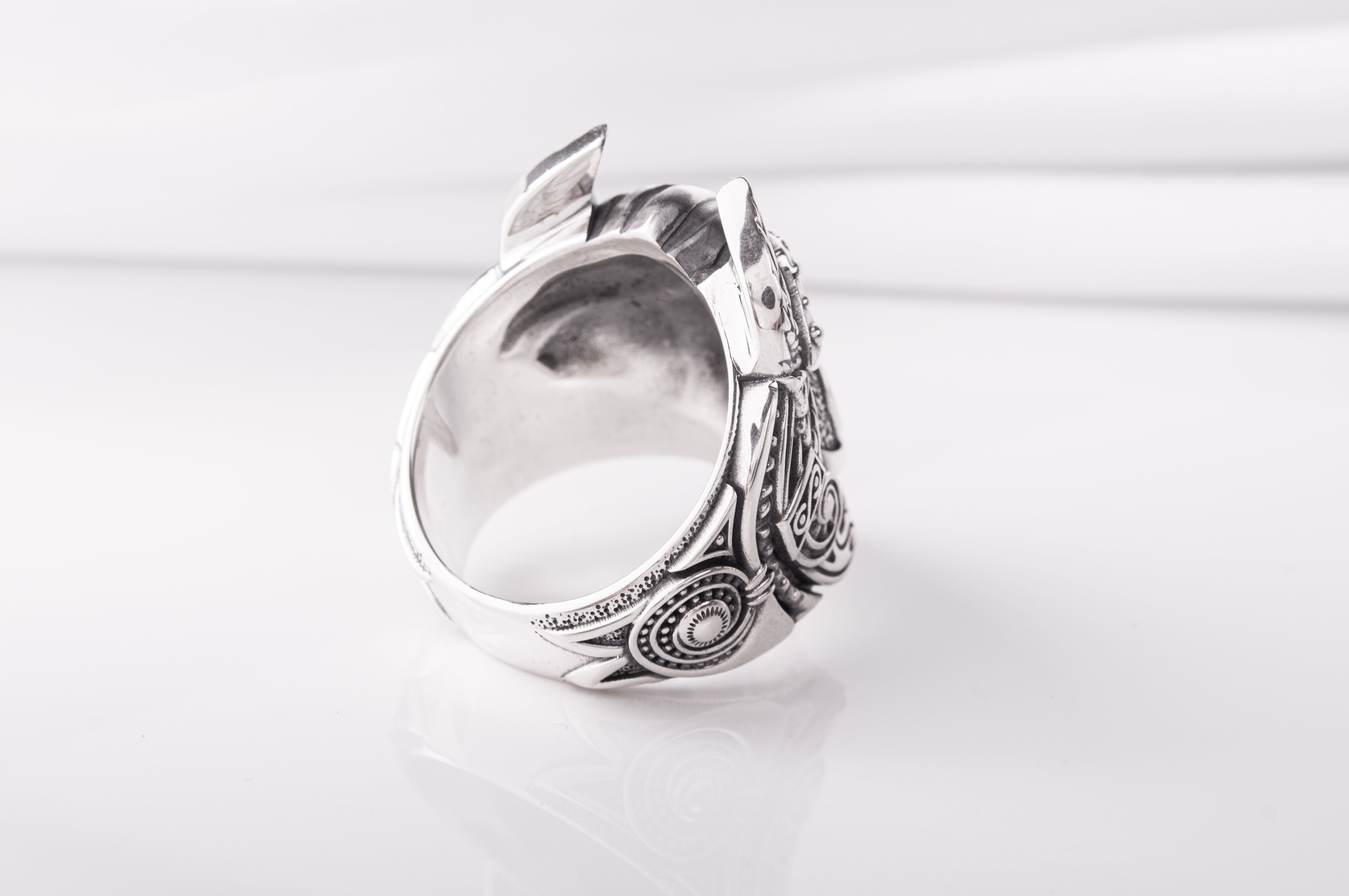 Massive 925 Silver Odin The Allfather ring with gem and detailed ornament, Unique handcrafted Jewelry - vikingworkshop