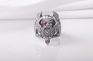 Massive 925 Silver Odin The Allfather ring with gem and detailed ornament, Unique handcrafted Jewelry - vikingworkshop