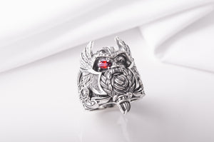 Massive 925 Silver Odin The Allfather ring with gem and detailed ornament, Unique handcrafted Jewelry - vikingworkshop