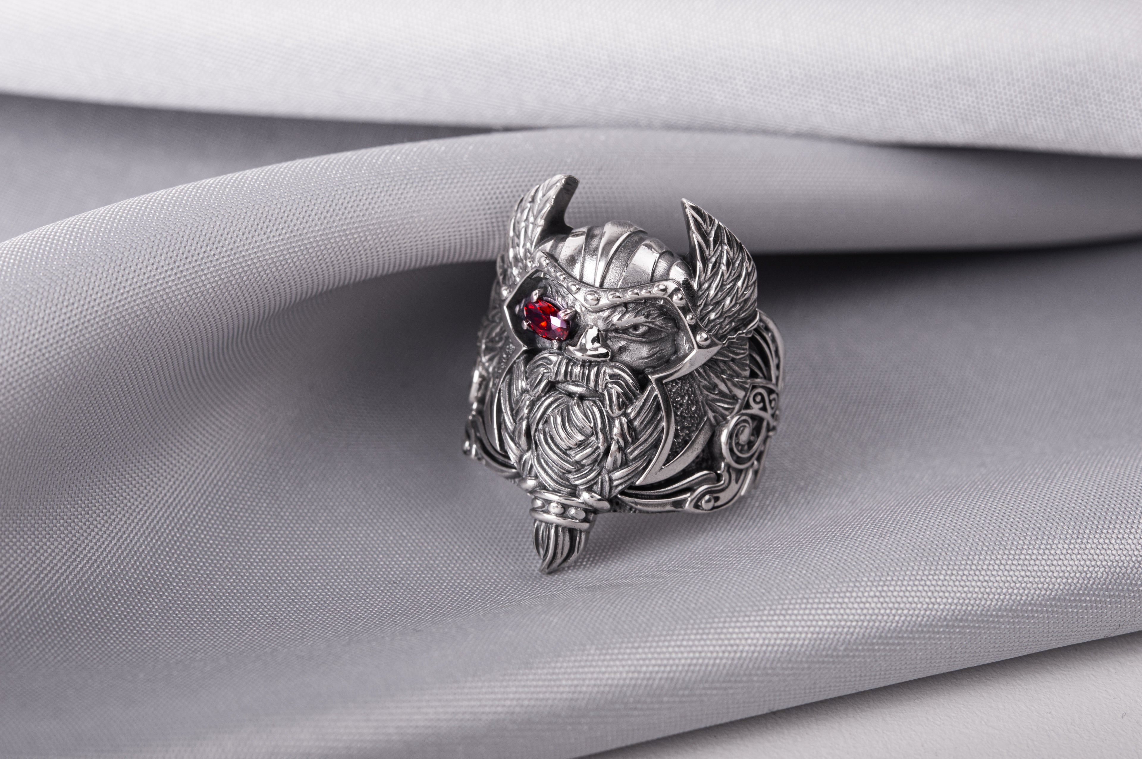 Massive 925 Silver Odin The Allfather ring with gem and detailed ornament, Unique handcrafted Jewelry - vikingworkshop