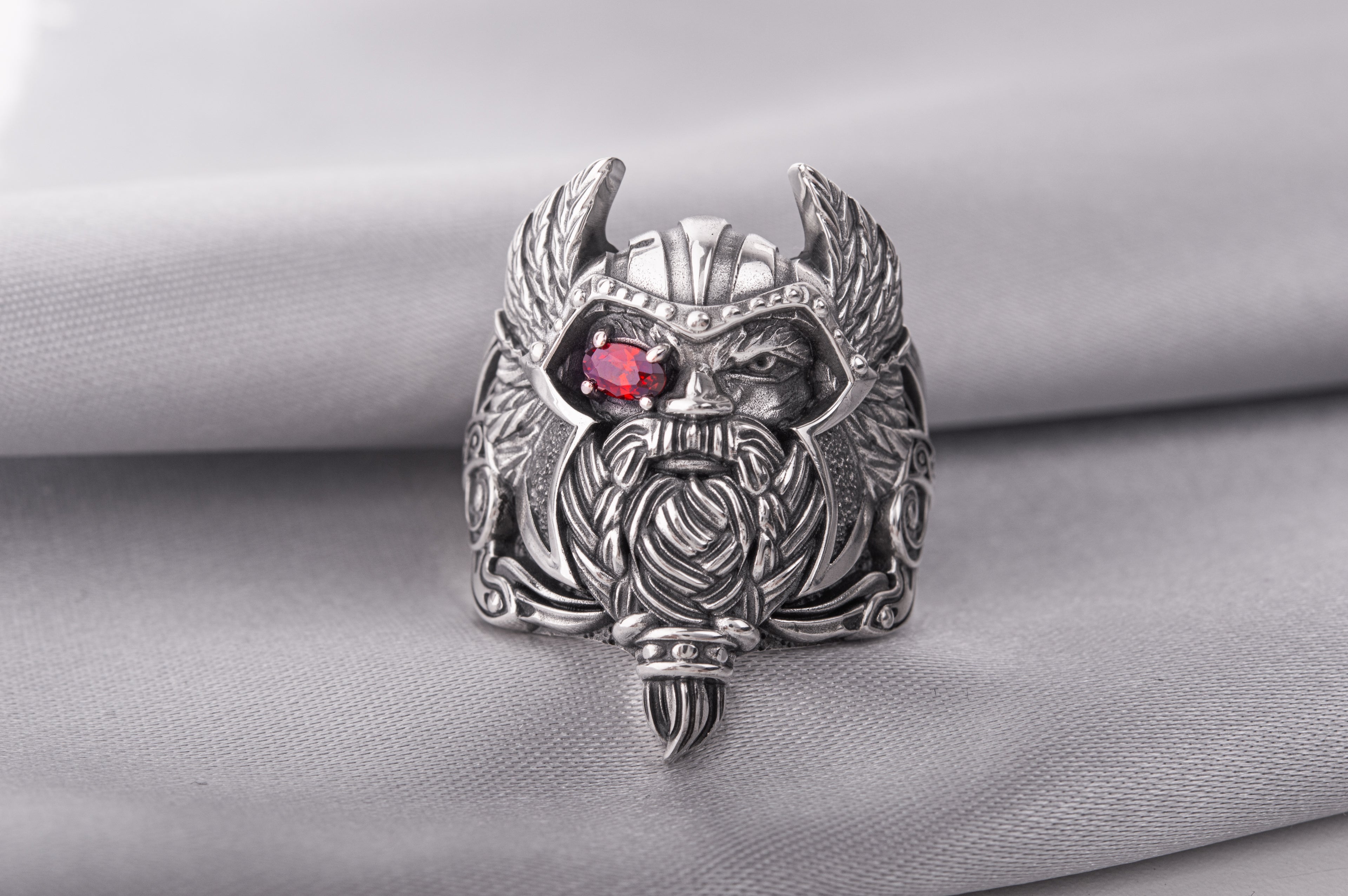 Massive 925 Silver Odin The Allfather ring with gem and detailed ornament, Unique handcrafted Jewelry - vikingworkshop