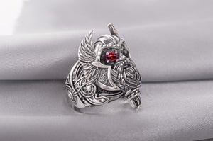 Massive 925 Silver Odin The Allfather ring with gem and detailed ornament, Unique handcrafted Jewelry - vikingworkshop