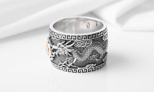 925 Silver Dragon Ring with Yellow Gem - vikingworkshop