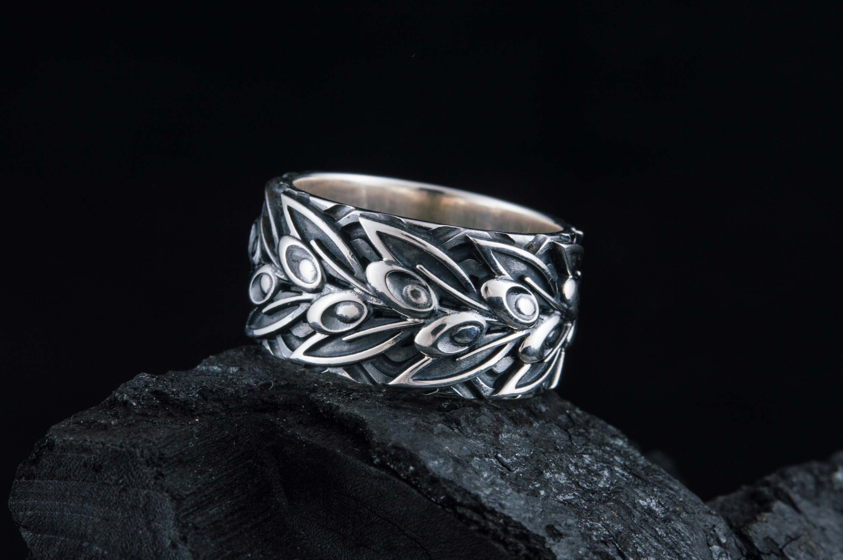 Stylish 925 Silver ring with Olives on Branch, Unique Fashion Jewelry - vikingworkshop