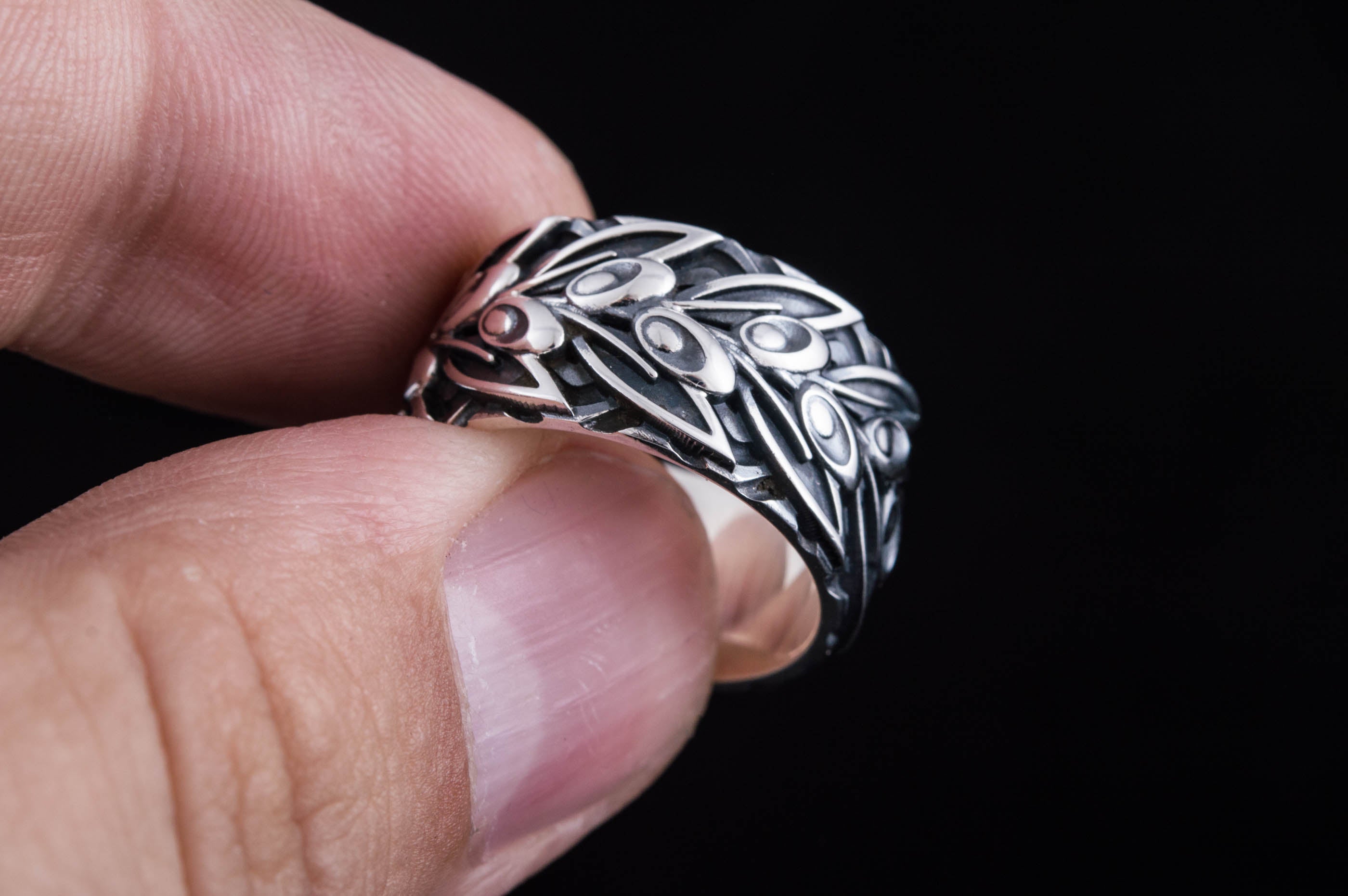 Stylish 925 Silver ring with Olives on Branch, Unique Fashion Jewelry - vikingworkshop