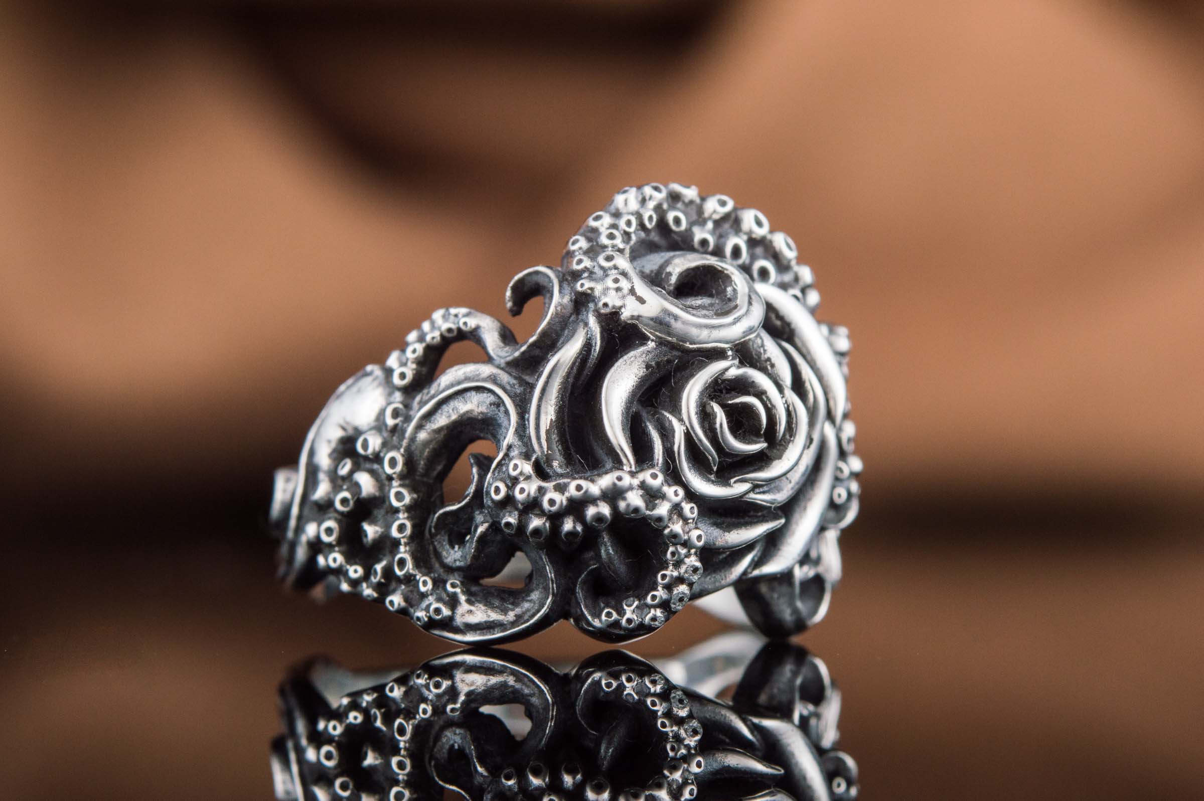 Ring with Octopus and Rose Ornament Sterling Silver Jewelry