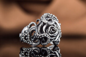 Ring with Octopus and Rose Ornament Sterling Silver Jewelry - vikingworkshop