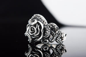 Ring with Octopus and Rose Ornament Sterling Silver Jewelry - vikingworkshop