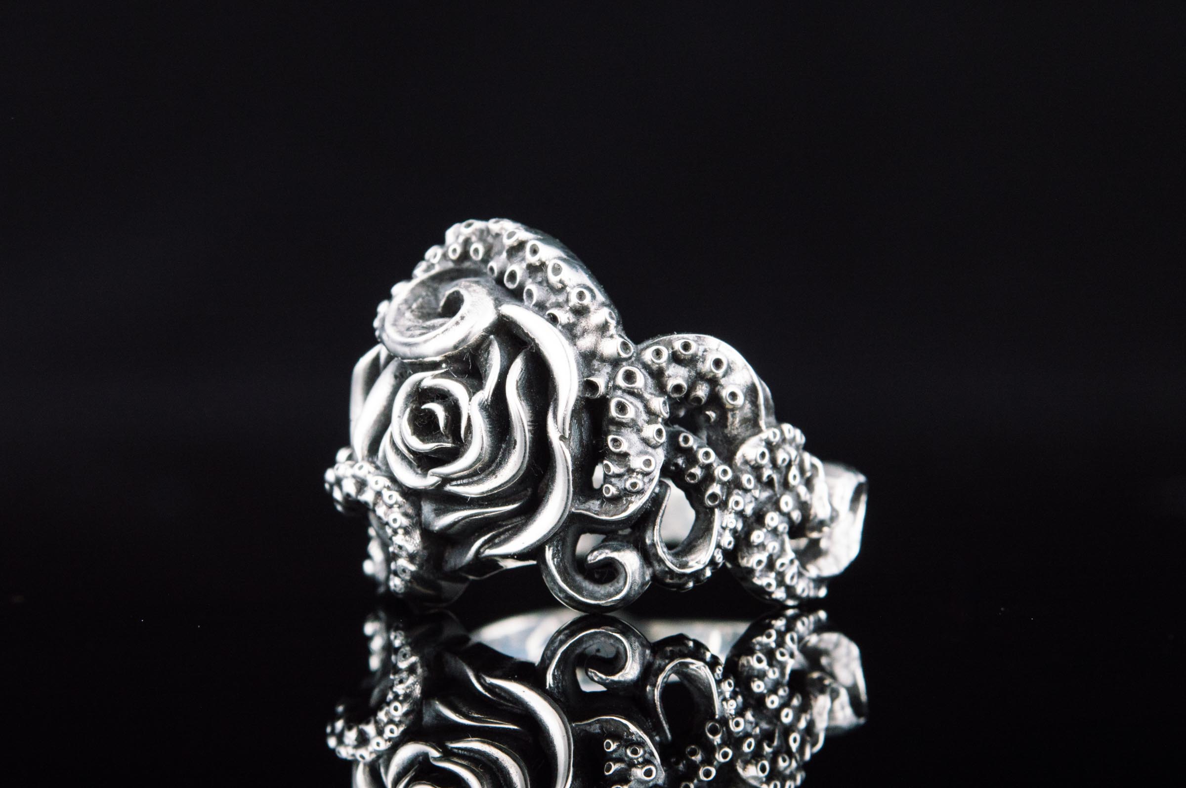 Ring with Octopus and Rose Ornament Sterling Silver Jewelry - vikingworkshop