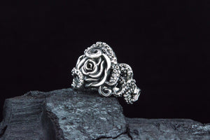 Ring with Octopus and Rose Ornament Sterling Silver Jewelry - vikingworkshop