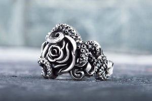 Ring with Octopus and Rose Ornament Sterling Silver Jewelry - vikingworkshop