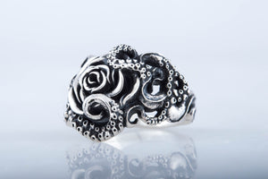 Ring with Octopus and Rose Ornament Sterling Silver Jewelry - vikingworkshop