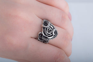 Ring with Octopus and Rose Ornament Sterling Silver Jewelry - vikingworkshop