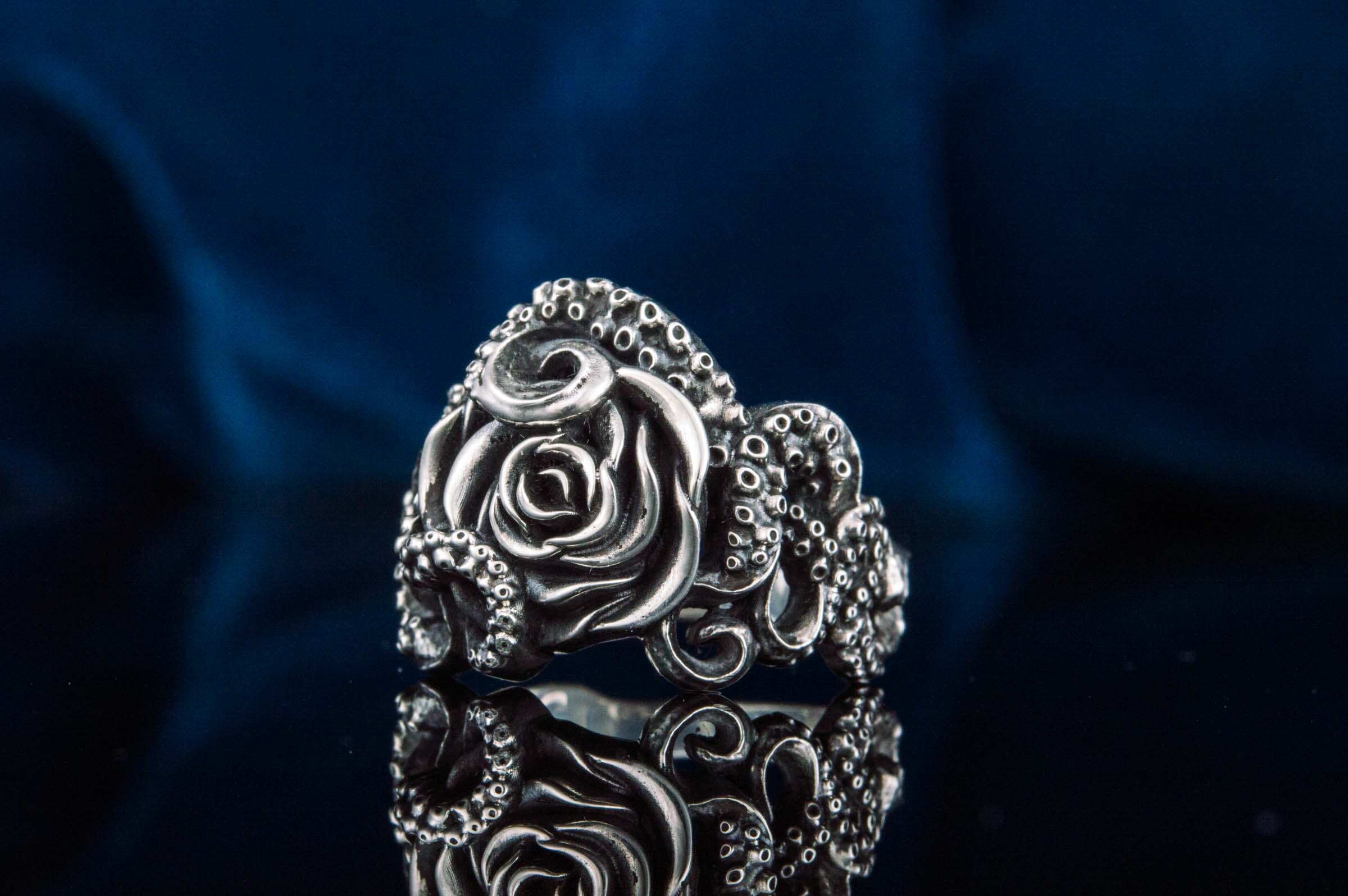 Ring with Octopus and Rose Ornament Sterling Silver Jewelry - vikingworkshop