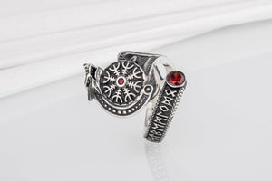 Vegvisir 925 Silver Norse Ring With Wolf And Red Gems, Handmade Jewelry - vikingworkshop