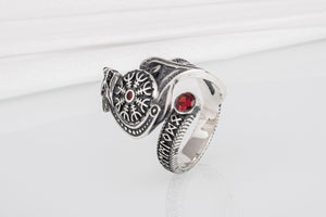 Vegvisir 925 Silver Norse Ring With Wolf And Red Gems, Handmade Jewelry - vikingworkshop