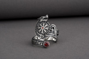 Vegvisir 925 Silver Norse Ring With Wolf And Red Gems, Handmade Jewelry - vikingworkshop