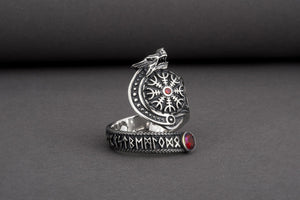 Vegvisir 925 Silver Norse Ring With Wolf And Red Gems, Handmade Jewelry - vikingworkshop