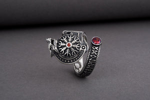 Vegvisir 925 Silver Norse Ring With Wolf And Red Gems, Handmade Jewelry - vikingworkshop