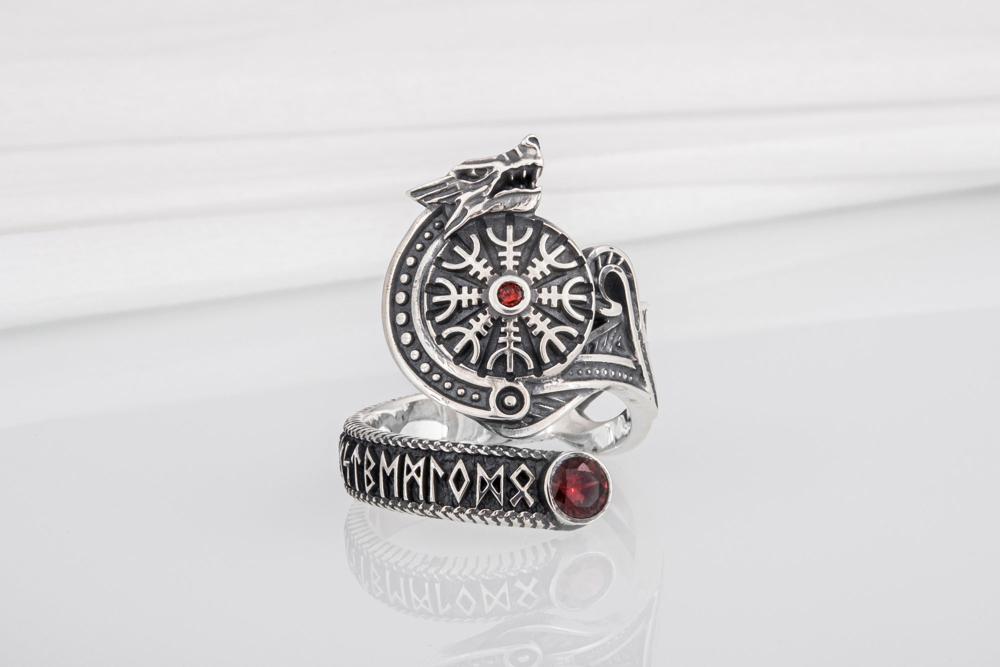 Vegvisir 925 Silver Norse Ring With Wolf And Red Gems, Handmade Jewelry - vikingworkshop