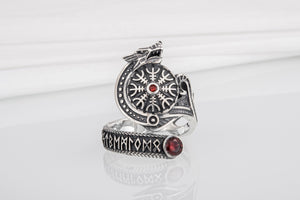 Vegvisir 925 Silver Norse Ring With Wolf And Red Gems, Handmade Jewelry - vikingworkshop