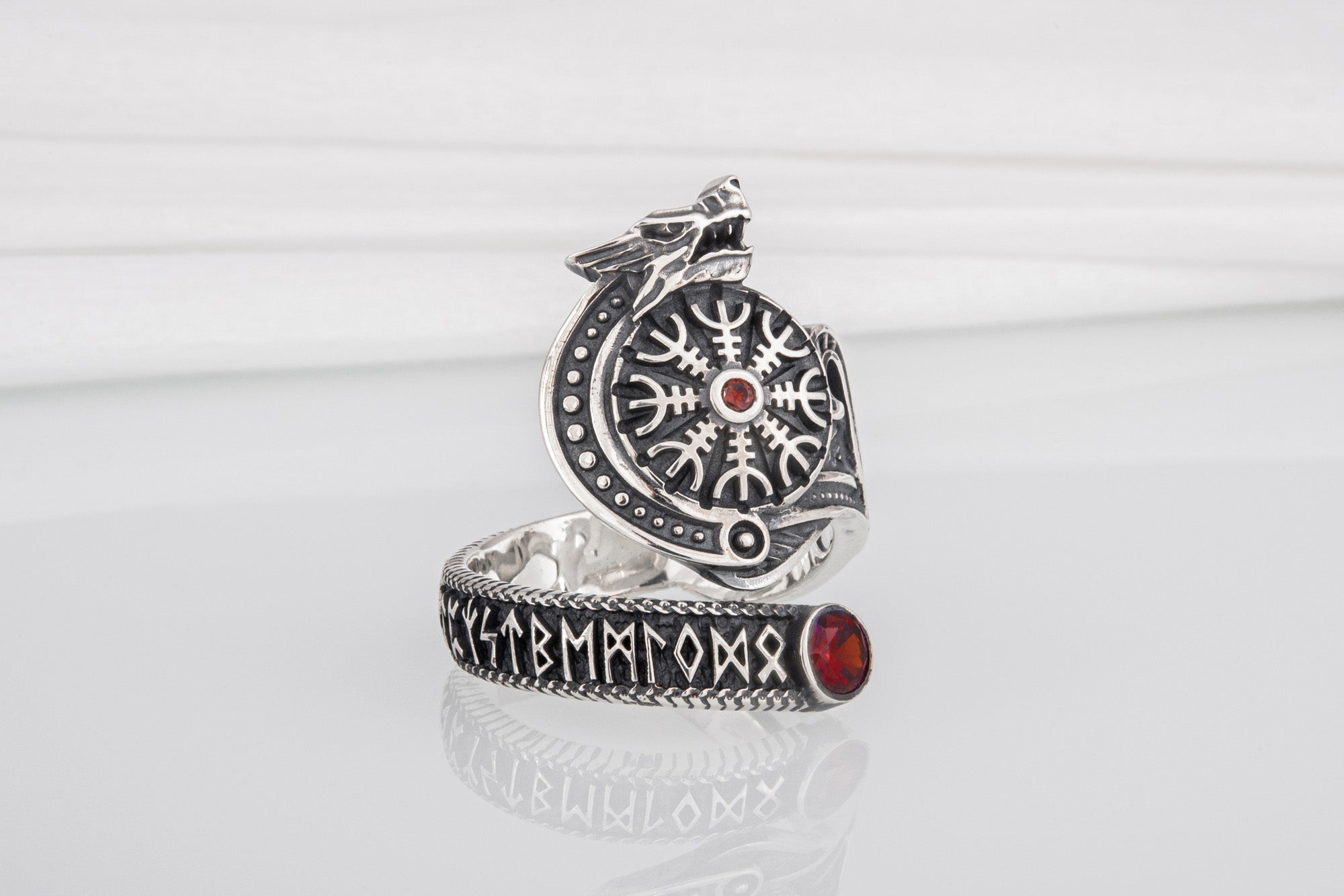 Vegvisir 925 Silver Norse Ring With Wolf And Red Gems, Handmade Jewelry - vikingworkshop