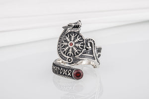 Vegvisir 925 Silver Norse Ring With Wolf And Red Gems, Handmade Jewelry - vikingworkshop