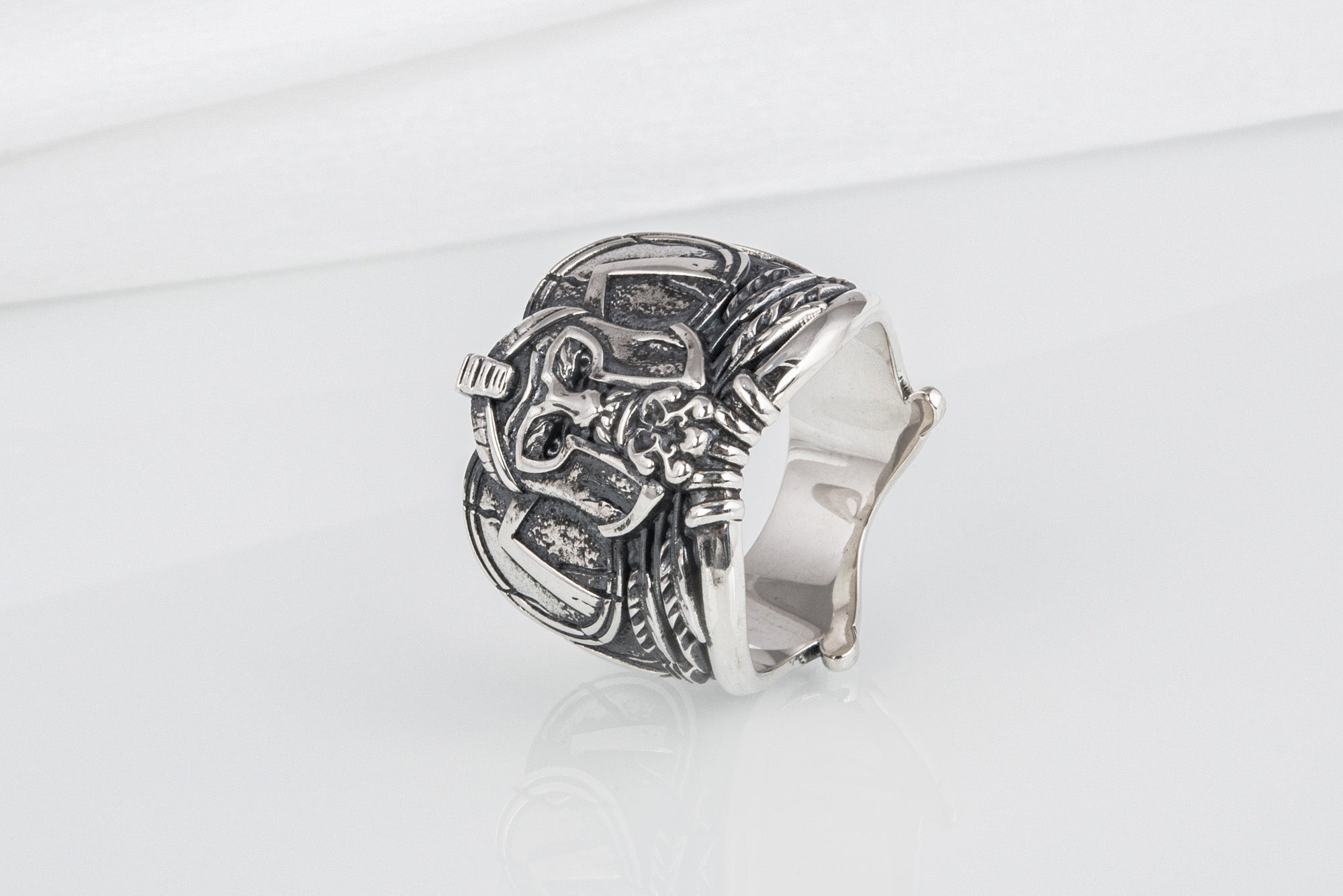 Brutal unique Spartan ring with helmet and shield, handcrafted sterling silver jewelry - vikingworkshop