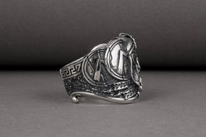 Brutal unique Spartan ring with helmet and shield, handcrafted sterling silver jewelry - vikingworkshop