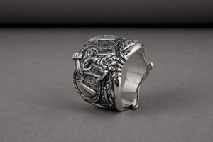 Brutal unique Spartan ring with helmet and shield, handcrafted sterling silver jewelry - vikingworkshop