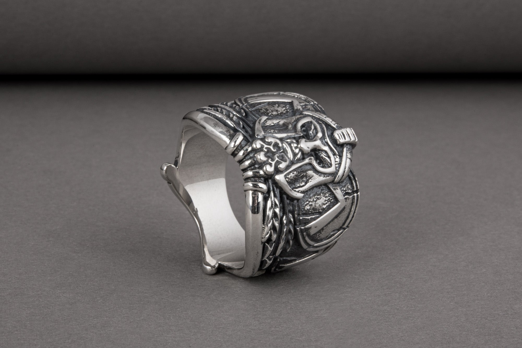 Brutal unique Spartan ring with helmet and shield, handcrafted sterling silver jewelry - vikingworkshop