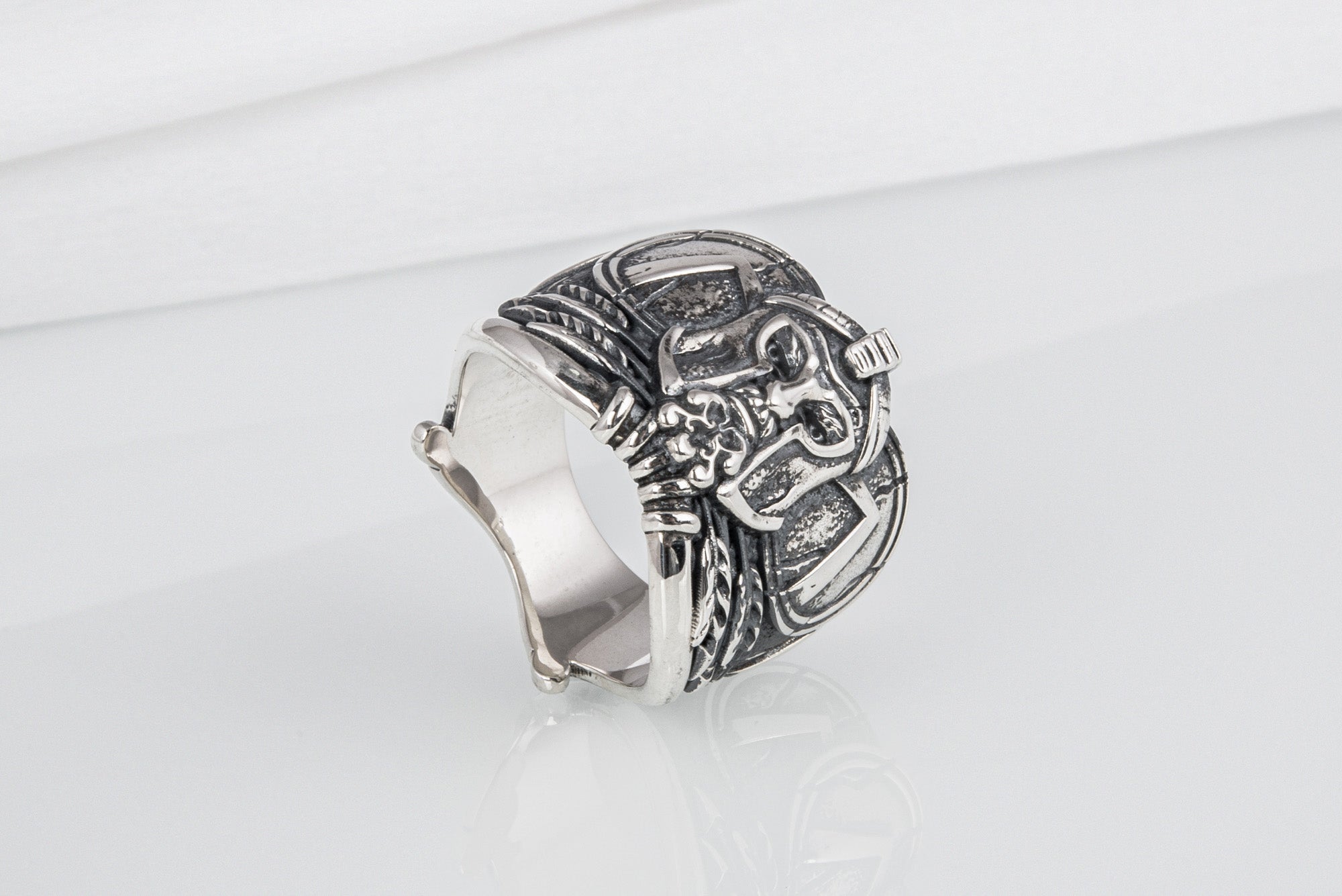 Brutal unique Spartan ring with helmet and shield, handcrafted sterling silver jewelry - vikingworkshop