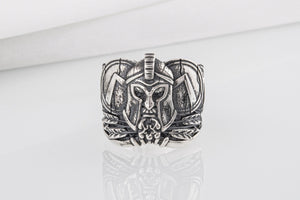 Brutal unique Spartan ring with helmet and shield, handcrafted sterling silver jewelry - vikingworkshop