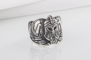 Brutal unique Spartan ring with helmet and shield, handcrafted sterling silver jewelry - vikingworkshop