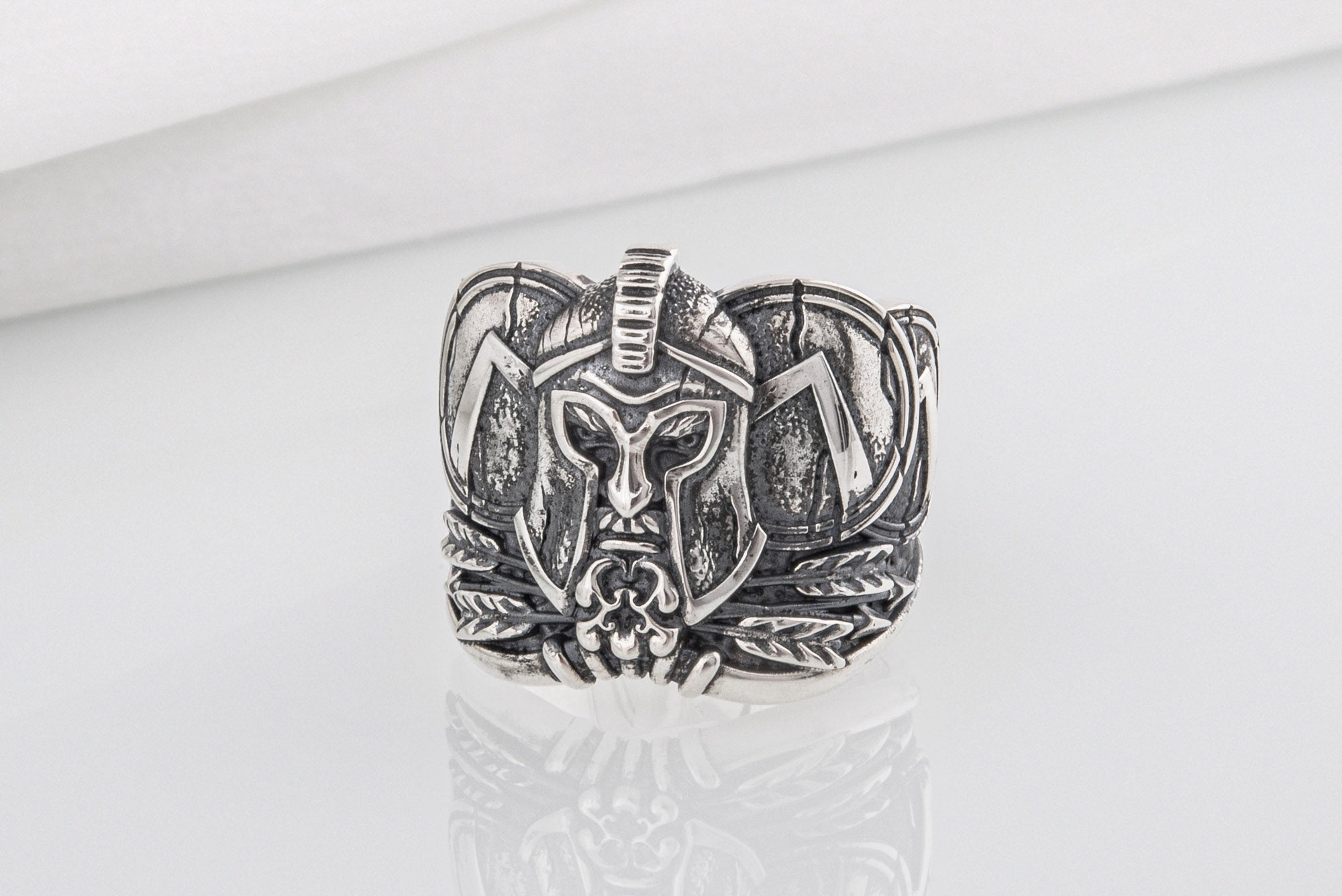 Brutal unique Spartan ring with helmet and shield, handcrafted sterling silver jewelry - vikingworkshop