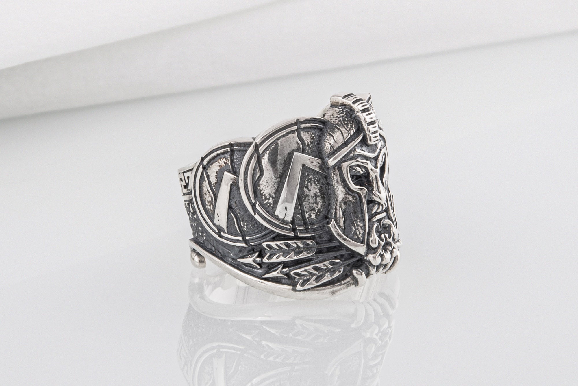 Brutal unique Spartan ring with helmet and shield, handcrafted sterling silver jewelry - vikingworkshop