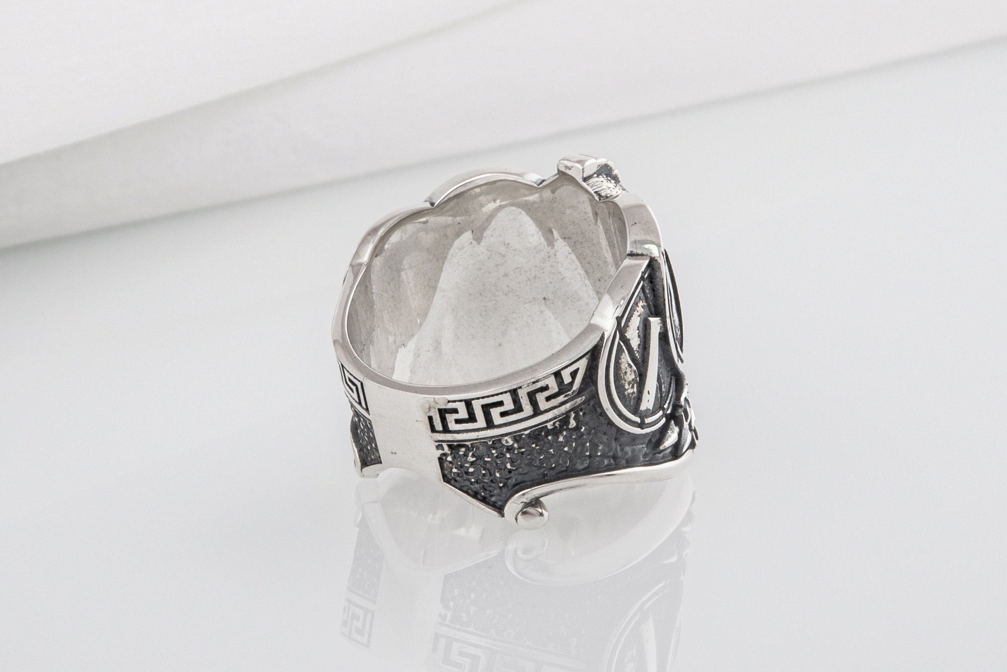 Brutal unique Spartan ring with helmet and shield, handcrafted sterling silver jewelry - vikingworkshop