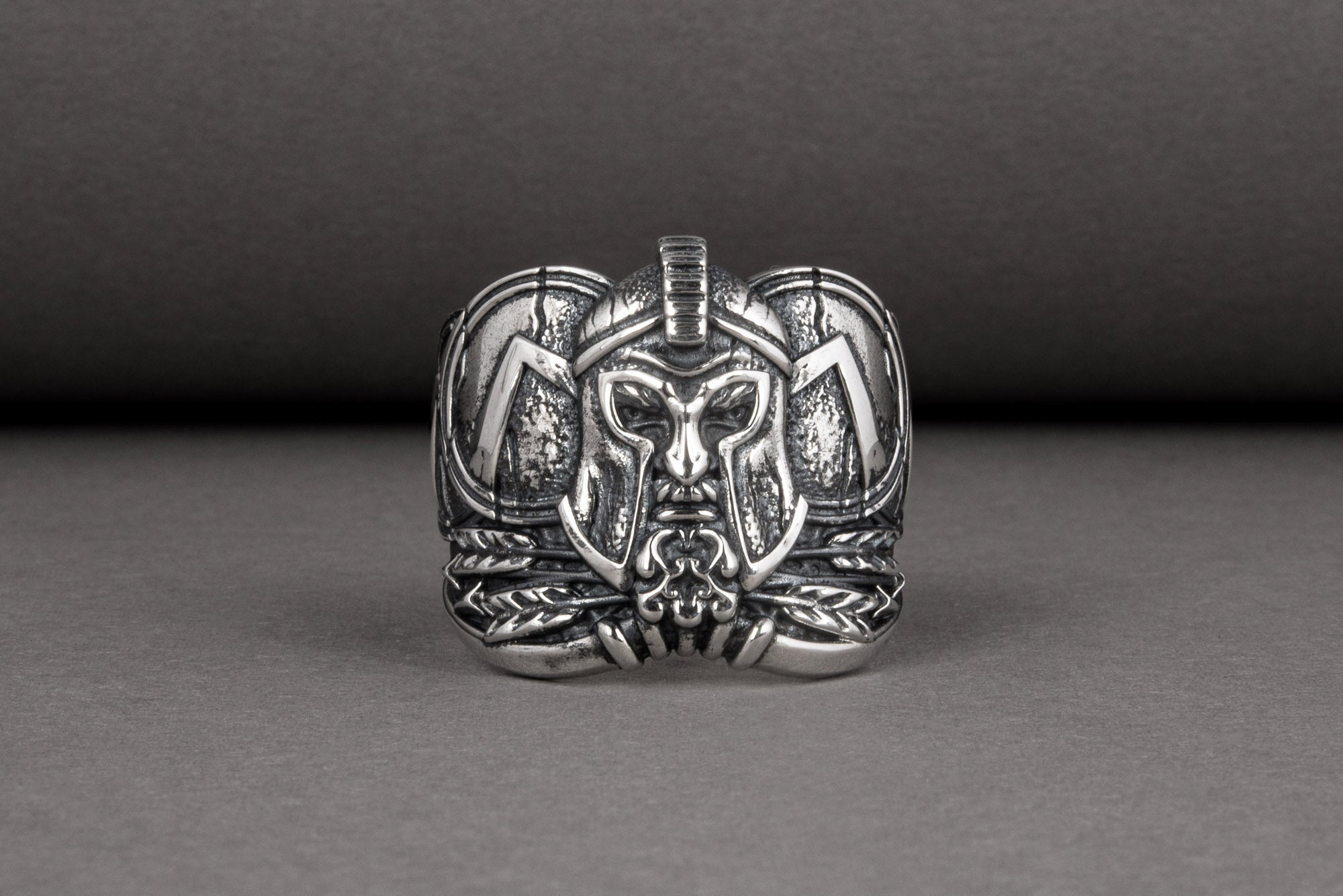 Brutal unique Spartan ring with helmet and shield, handcrafted sterling silver jewelry - vikingworkshop