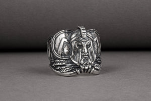 Brutal unique Spartan ring with helmet and shield, handcrafted sterling silver jewelry - vikingworkshop