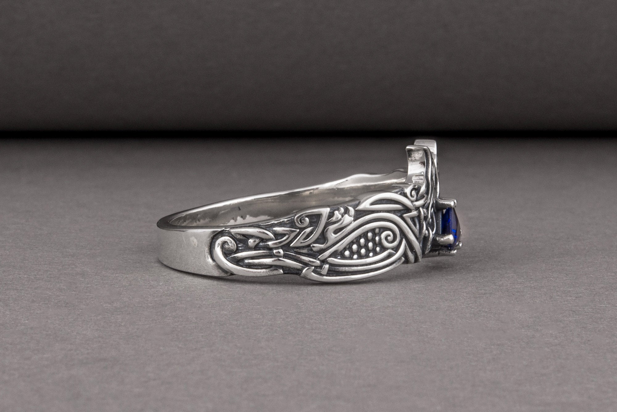 Unique Viking ravens ring with blue gem, handcrafted norse ornament jewelry - vikingworkshop