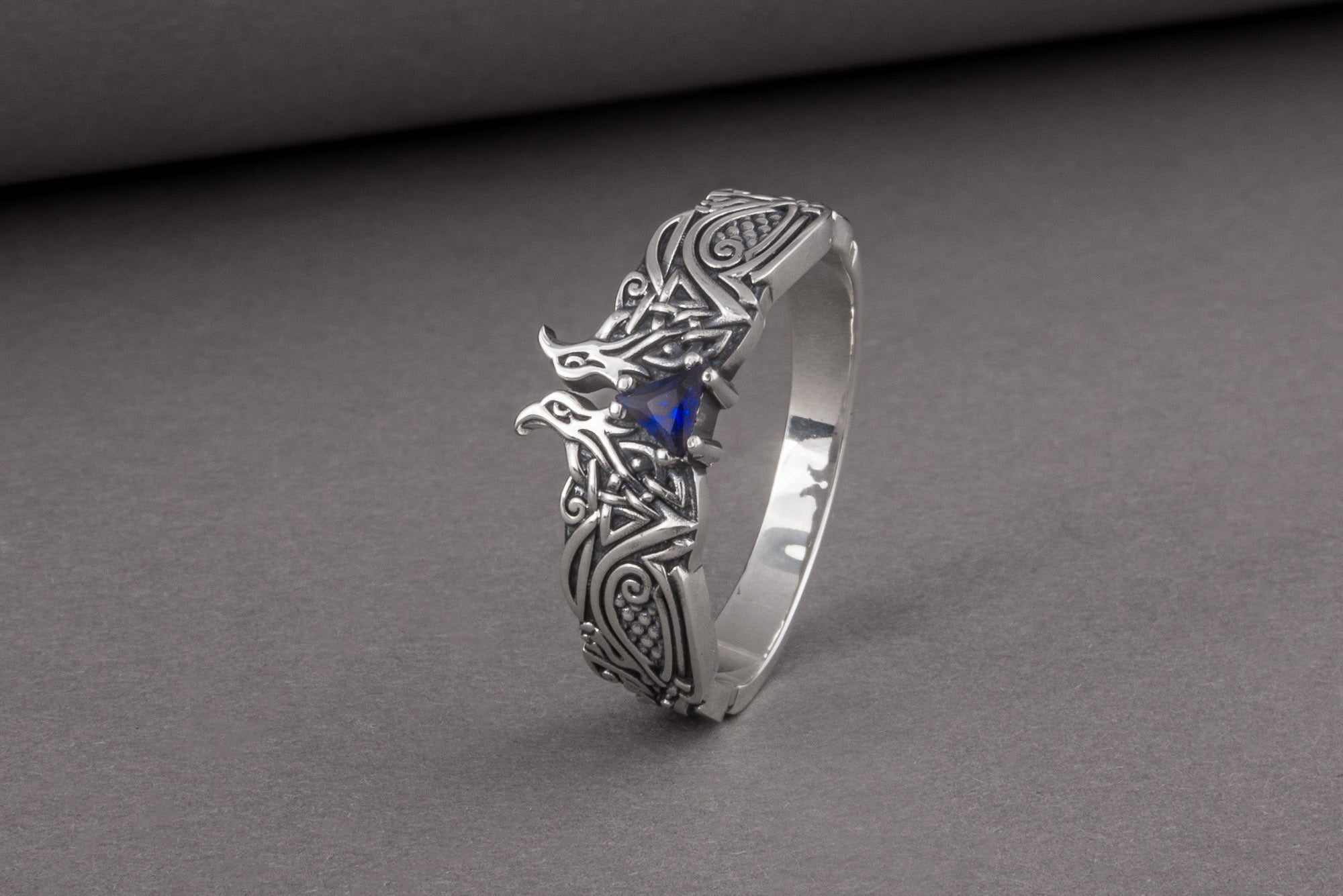 Unique Viking ravens ring with blue gem, handcrafted norse ornament jewelry - vikingworkshop