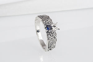 Unique Viking ravens ring with blue gem, handcrafted norse ornament jewelry - vikingworkshop