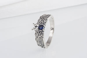 Unique Viking ravens ring with blue gem, handcrafted norse ornament jewelry - vikingworkshop