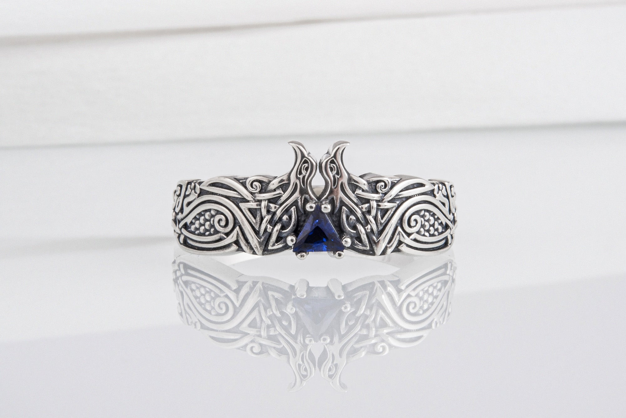 Unique Viking ravens ring with blue gem, handcrafted norse ornament jewelry - vikingworkshop