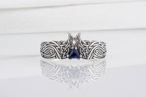 Unique Viking ravens ring with blue gem, handcrafted norse ornament jewelry - vikingworkshop