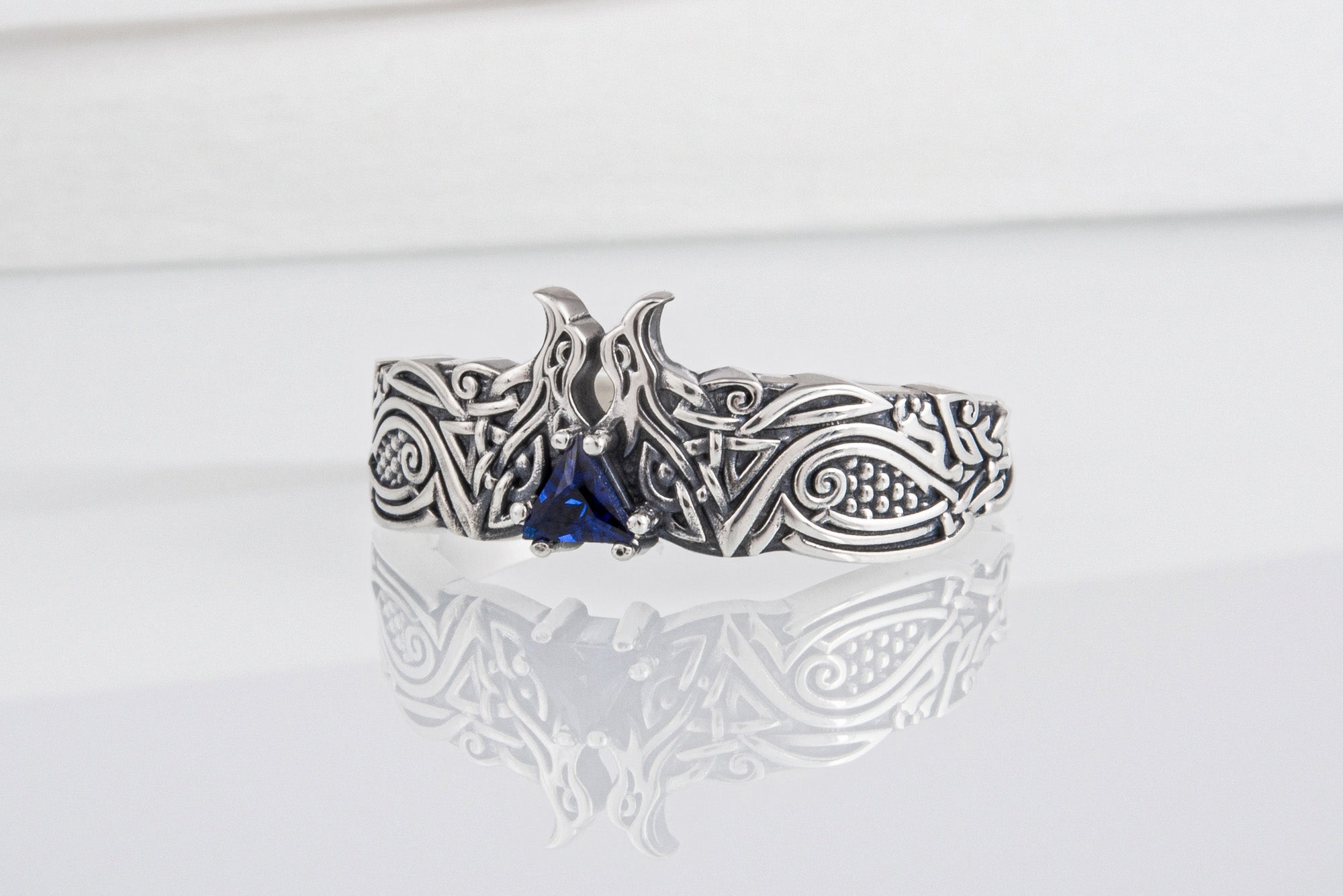 Unique Viking ravens ring with blue gem, handcrafted norse ornament jewelry - vikingworkshop